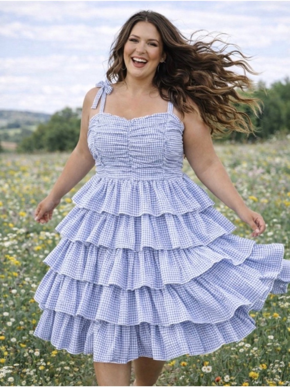Jessakae Blue & White Gingham Ruffle Tie Estella Maxi Dress, XL, EUC!